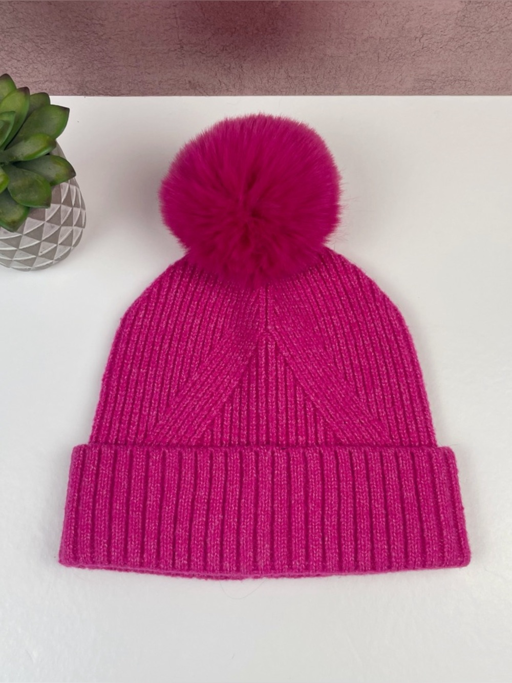 Vince Camuto Solid Pink Pom Pom Winter Knit Snow Hat Women